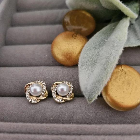 14k real gold over 925 sterling silver earrings, upscale CZ and pearl twist. - Picture 3 of 5